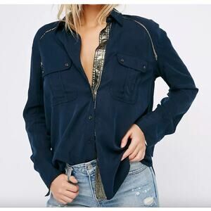 Free People Blue Long Sleeve Off Campus Button Down Tencel Collared Top Size XS